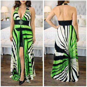 NWT Karishma Green Black Halter Formal Gown $150